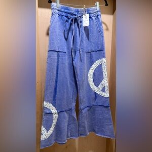Sage + Fig Blue Patchwork Pants with Peace Sign Size Small NEW 🔥🔥🔥
